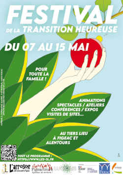 Affiche sur fond bleu ciel où une main sort d'un éventail de grandes feuilles vertes et jaunes pour cueillir la pomme rouge encore suspendue à une branche